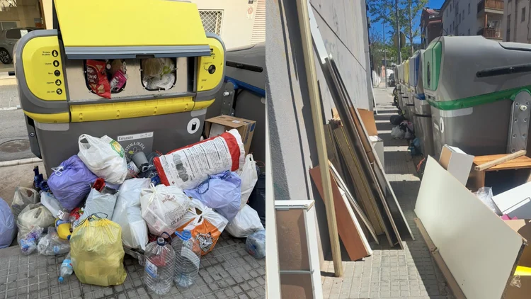 Contenidors d'Olesa amb escombraries fora